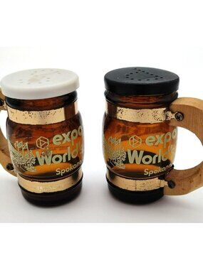 Expo 74 Spokane Worlds Fair Salt Pepper Shakers Amber Tone Glass Wood Handle